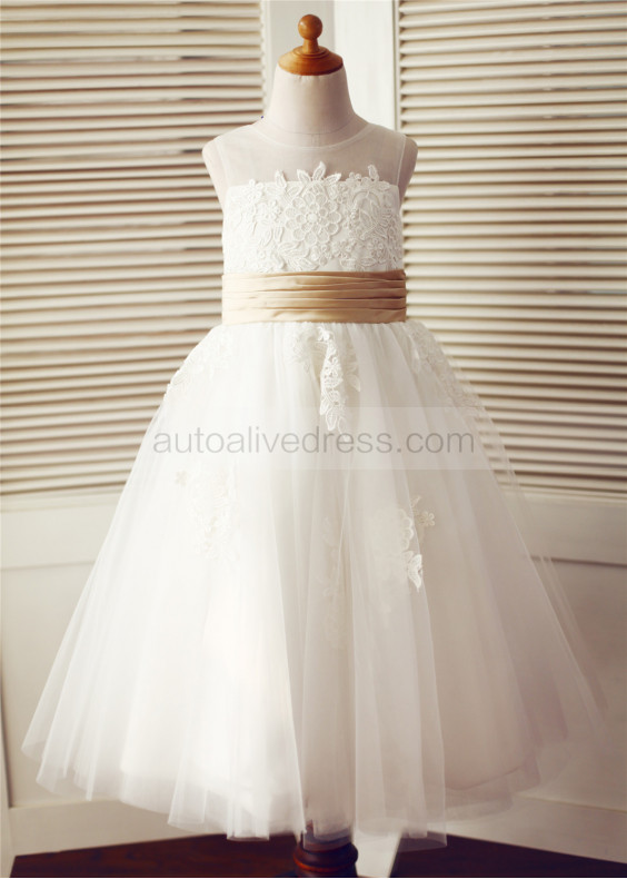 Sheer Neckline Ivory Lace Tulle Tea Length Flower Girl Dress